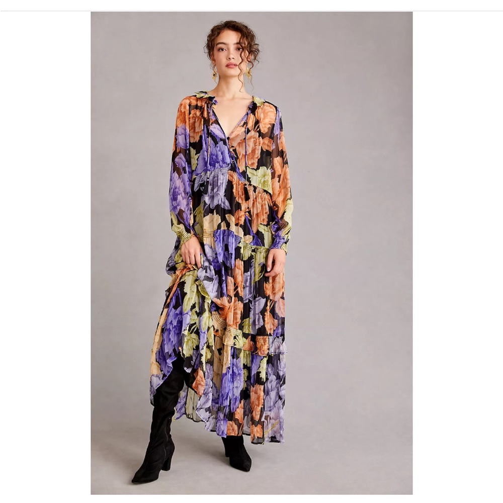 Anthropologie Floral Maxi Dress in Purple, Orange, Black & Green